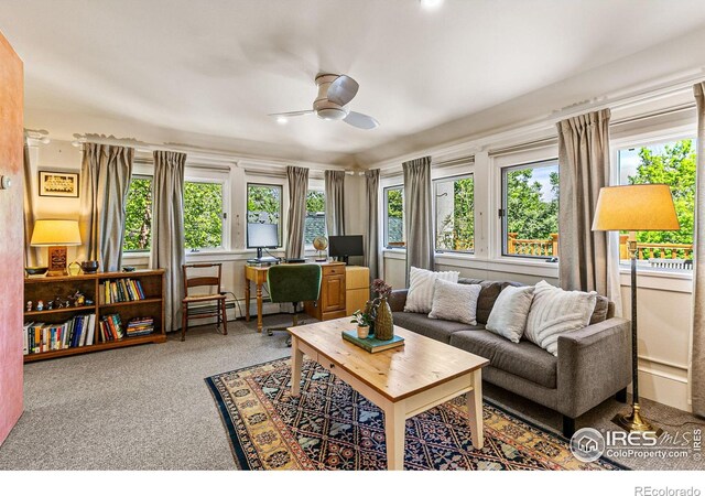 living room with carpet, baseboard heating, and a ceiling fan