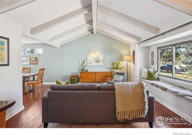 living room featuring vaulted ceiling with beams, baseboards, and hardwood / wood-style floors