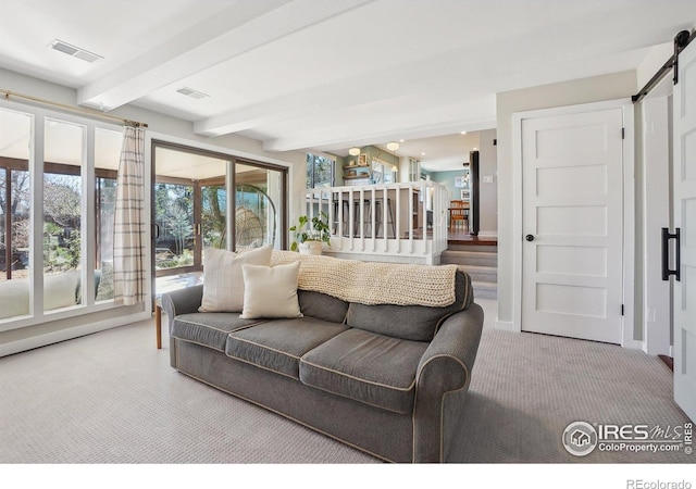 carpeted living area with a barn door, visible vents, and beam ceiling