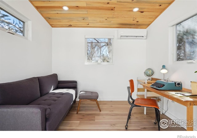 office area featuring lofted ceiling, wooden ceiling, wood finished floors, and a wall mounted air conditioner