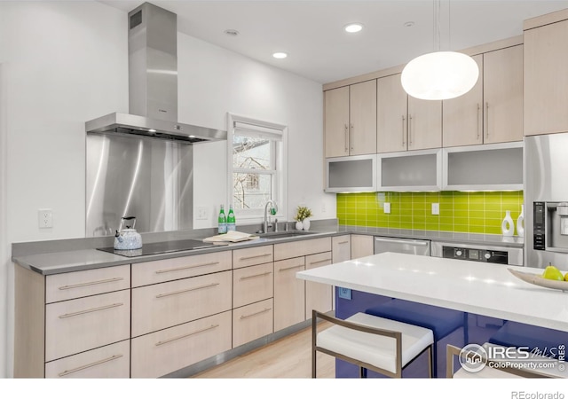 kitchen with tasteful backsplash, wall chimney exhaust hood, stainless steel appliances, light wood-style floors, and a sink