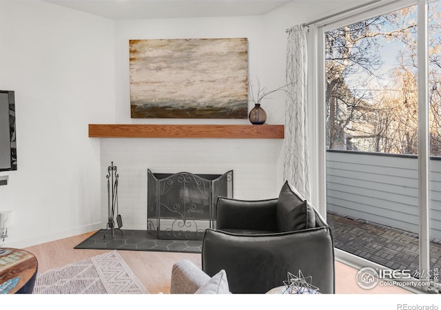 living area with a brick fireplace and wood finished floors