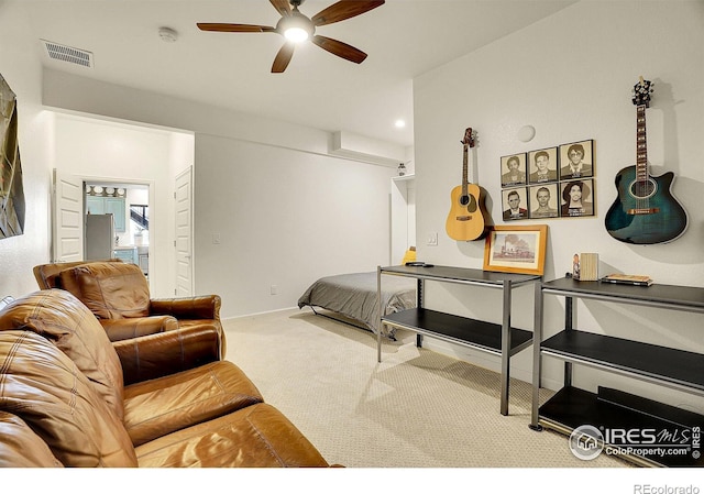 bedroom featuring carpet floors, ceiling fan, visible vents, and baseboards