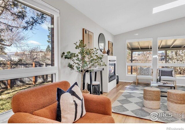 living room featuring vaulted ceiling, wood finished floors, and a glass covered fireplace