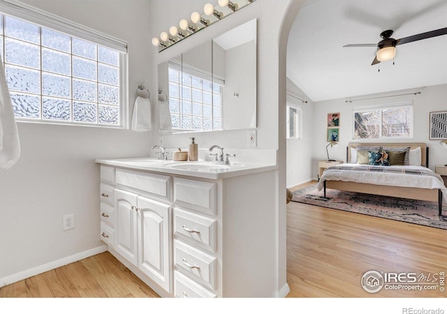 bathroom featuring vaulted ceiling, wood finished floors, a sink, and baseboards