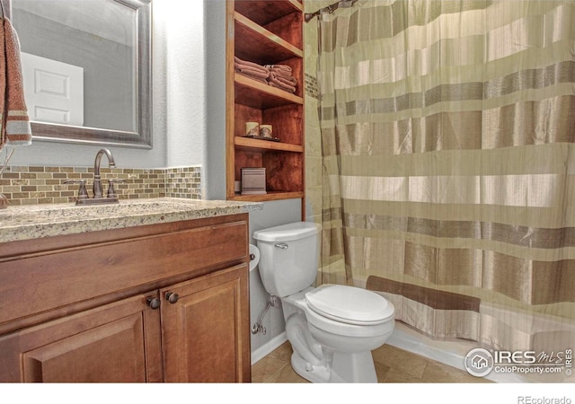 full bath featuring vanity, decorative backsplash, tile patterned flooring, curtained shower, and toilet