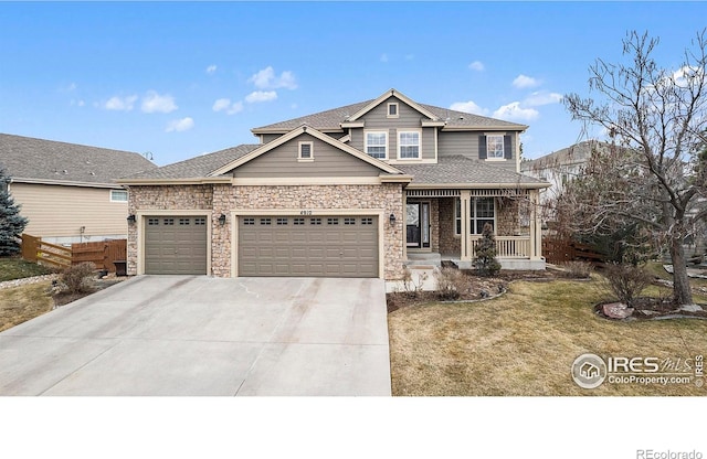 view of front of house with a porch, driveway, a shingled roof, and an attached garage