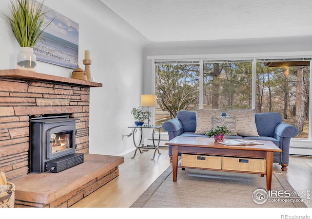 living room featuring a baseboard heating unit, wood finished floors, and baseboards