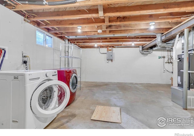 laundry area featuring laundry area, electric panel, and separate washer and dryer