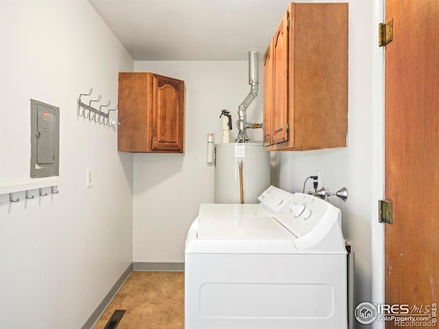 laundry area featuring cabinet space, baseboards, visible vents, separate washer and dryer, and gas water heater