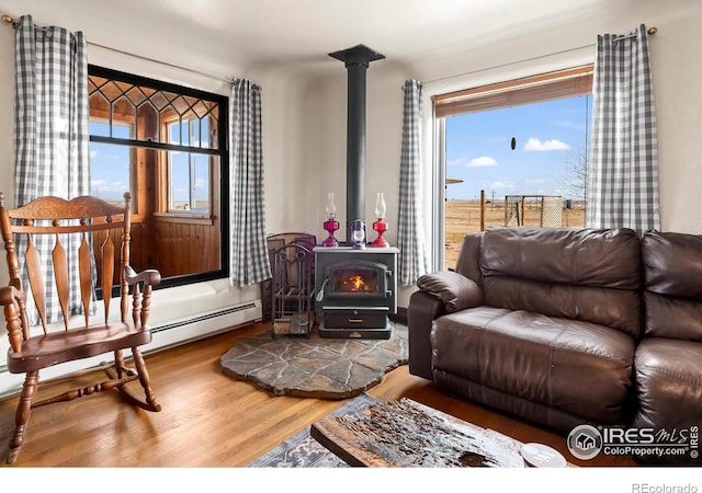 living area featuring a wood stove and wood finished floors