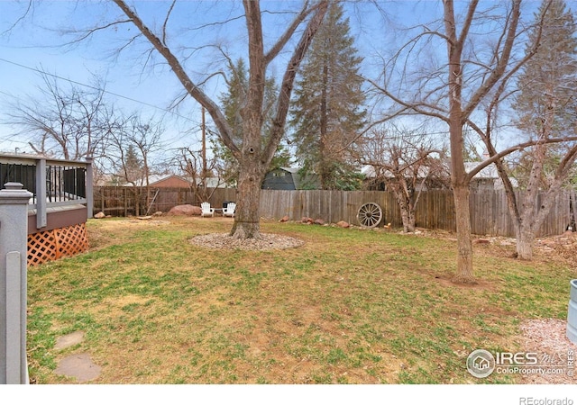 view of yard with a deck and a fenced backyard