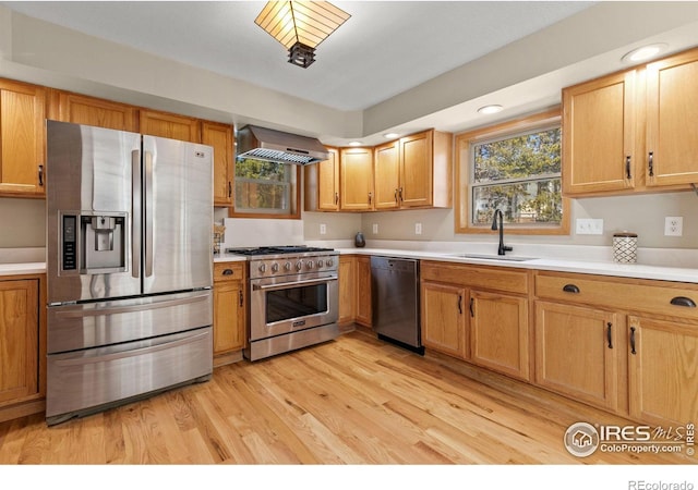 kitchen featuring wall chimney exhaust hood, appliances with stainless steel finishes, light countertops, and a sink