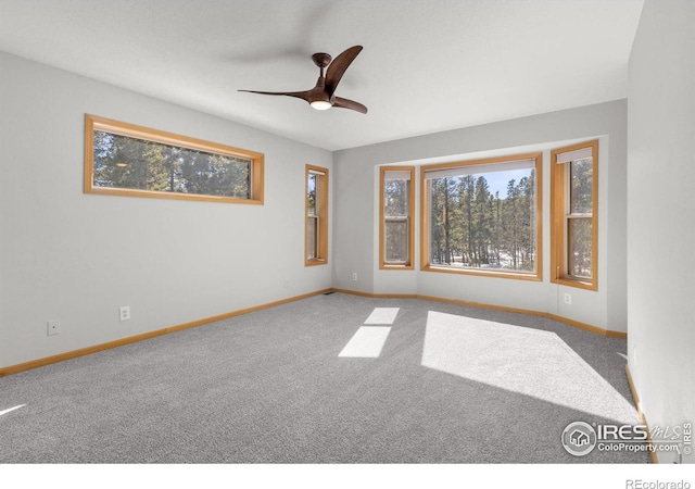 carpeted spare room featuring a ceiling fan, a wealth of natural light, and baseboards