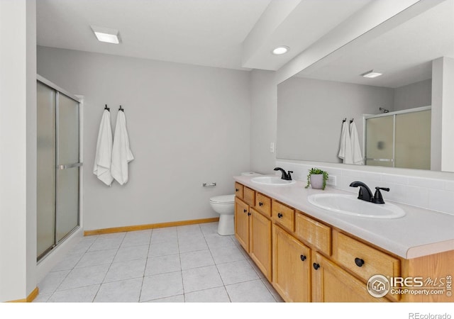 full bath with a shower stall, backsplash, a sink, and tile patterned floors