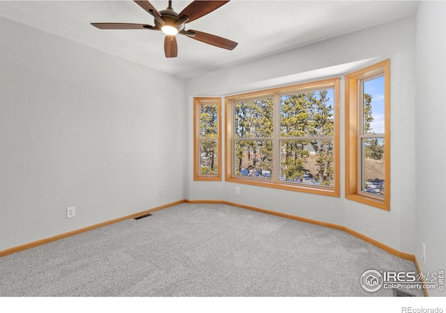 carpeted spare room with plenty of natural light, visible vents, and baseboards