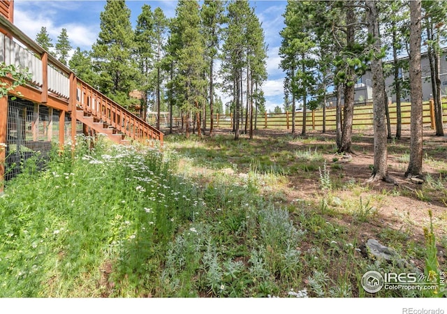 view of yard featuring stairs and fence