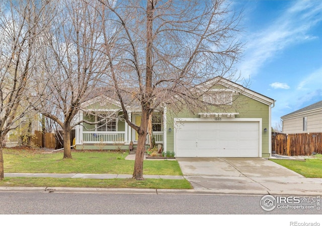 view of front of house with a porch, a garage, fence, concrete driveway, and a front yard