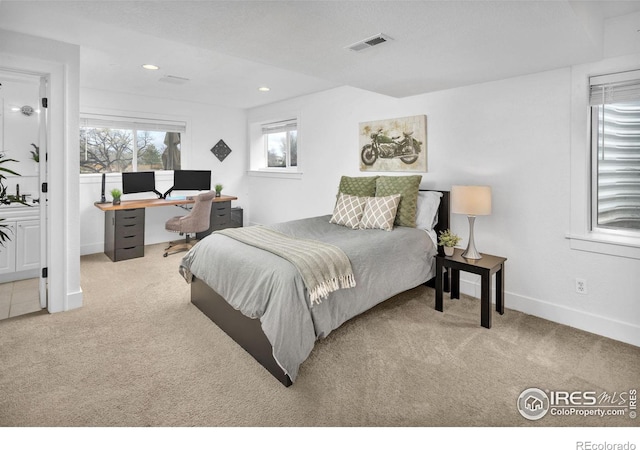 bedroom featuring carpet, visible vents, baseboards, and recessed lighting