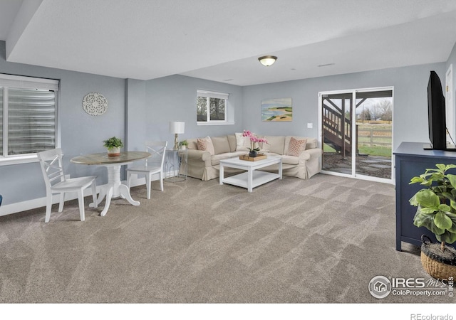 living area featuring carpet flooring and baseboards