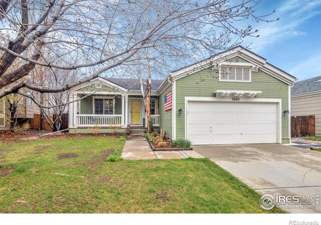 view of front of property with concrete driveway, a porch, a front lawn, and an attached garage