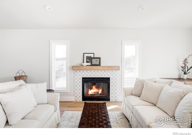 living area featuring wood finished floors and a tile fireplace