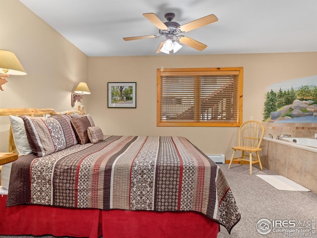 bedroom with carpet floors, a baseboard radiator, and a ceiling fan