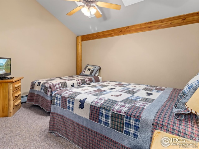 bedroom with a baseboard heating unit, carpet, vaulted ceiling with beams, and ceiling fan