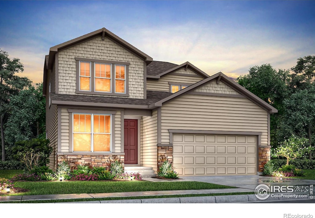 craftsman-style house with a garage, stone siding, a shingled roof, and concrete driveway