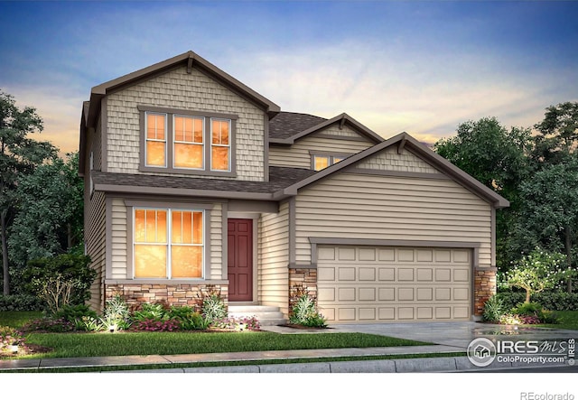 craftsman-style house featuring an attached garage, stone siding, concrete driveway, and roof with shingles