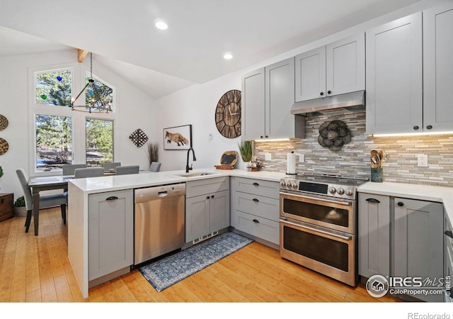 kitchen featuring under cabinet range hood, a peninsula, a sink, appliances with stainless steel finishes, and gray cabinets