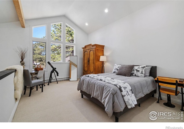 bedroom with high vaulted ceiling, a baseboard radiator, light carpet, and baseboards