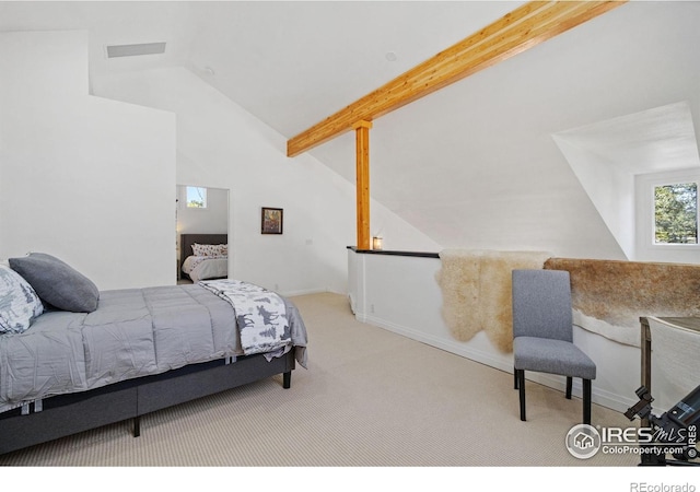 carpeted bedroom featuring vaulted ceiling with beams, visible vents, and baseboards