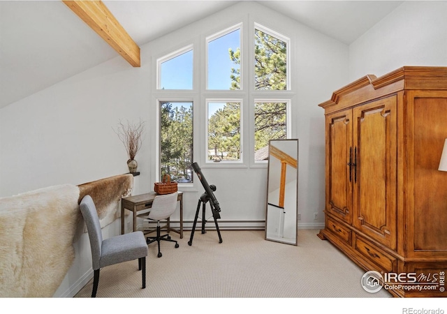 sitting room with a baseboard heating unit, light carpet, and lofted ceiling with beams