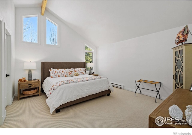 bedroom featuring lofted ceiling with beams, a baseboard heating unit, carpet, and baseboards