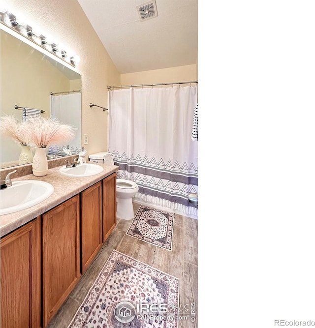 bathroom with toilet, double vanity, a sink, and visible vents