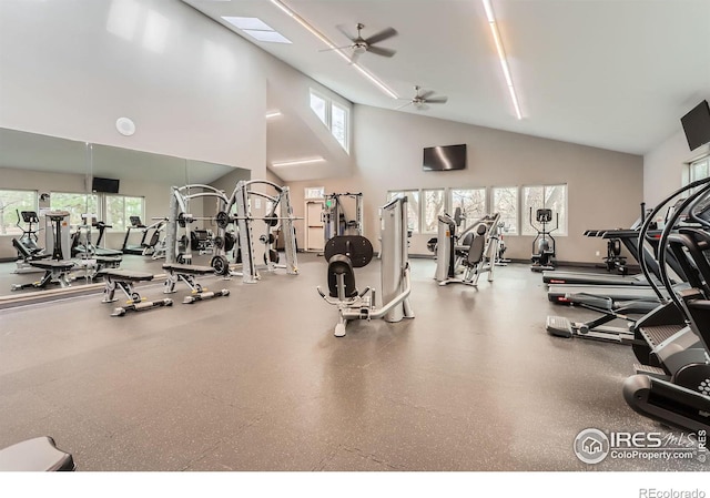 workout area featuring ceiling fan and high vaulted ceiling