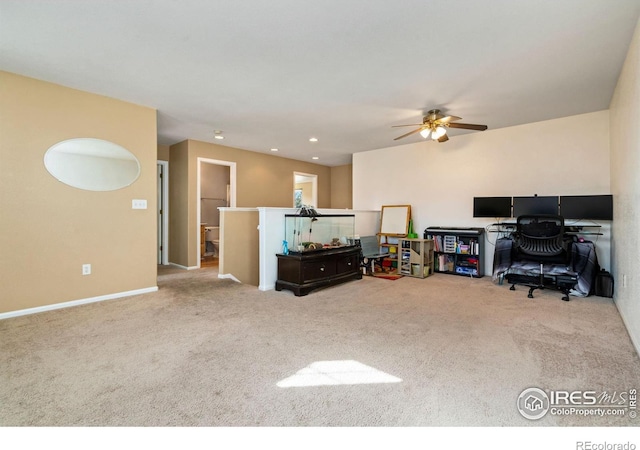 living area featuring carpet floors, recessed lighting, and baseboards