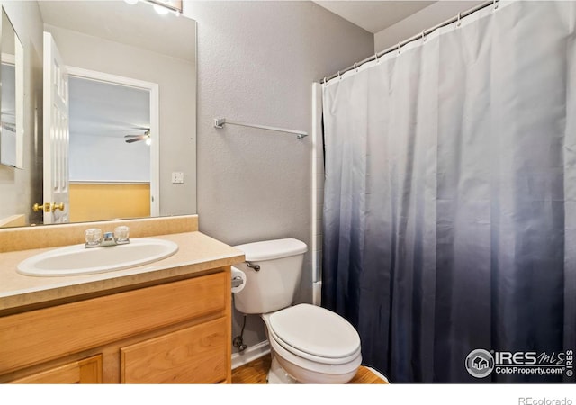 full bathroom with toilet, a textured wall, a shower with curtain, and vanity