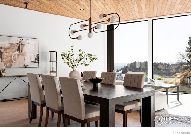 dining space with wood ceiling, an inviting chandelier, and wood finished floors