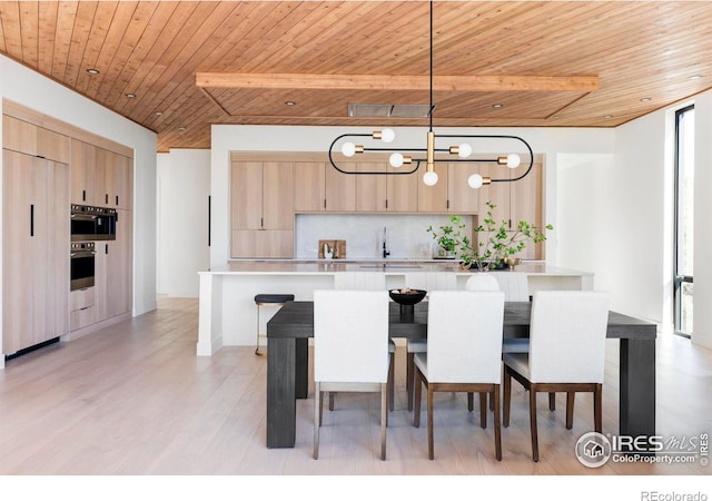 kitchen featuring wooden ceiling, light countertops, backsplash, a center island, and light brown cabinetry