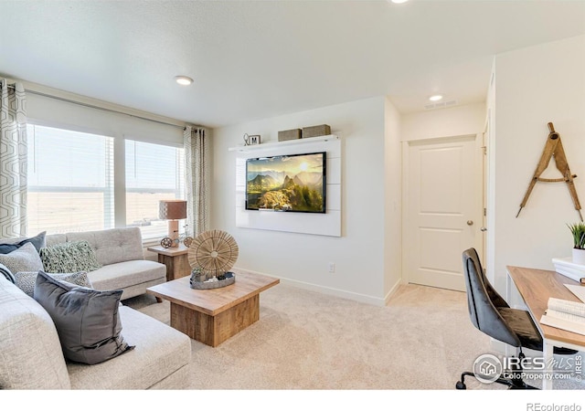 living room featuring light carpet, baseboards, visible vents, and recessed lighting