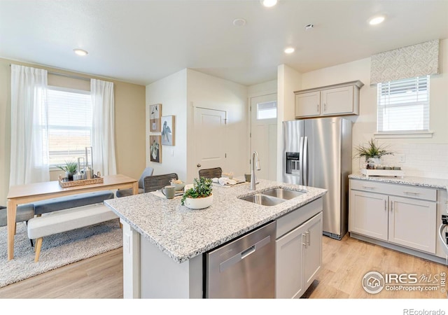 kitchen with stainless steel appliances, plenty of natural light, a sink, and light wood-style floors