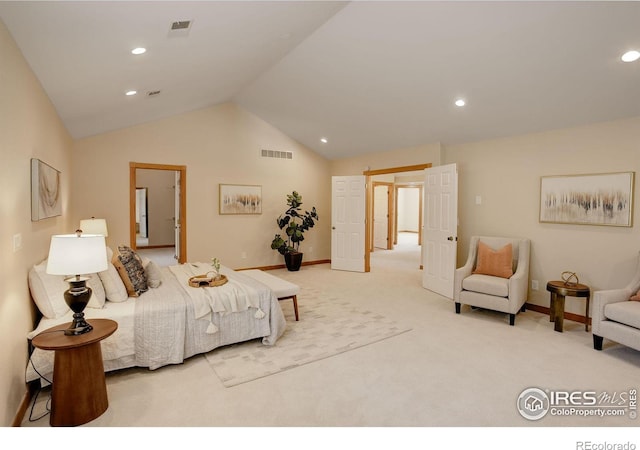 bedroom featuring recessed lighting, visible vents, vaulted ceiling, and carpet