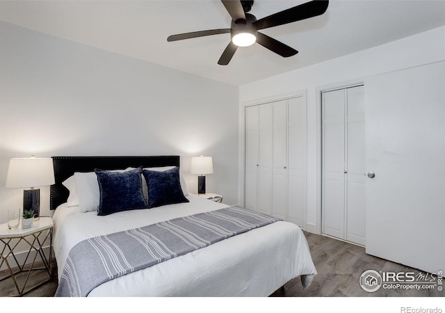 bedroom featuring two closets, ceiling fan, and wood finished floors