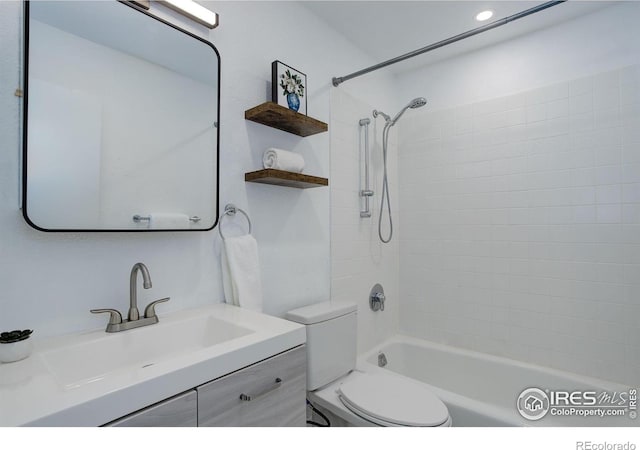 full bath with toilet, shower / tub combination, and vanity