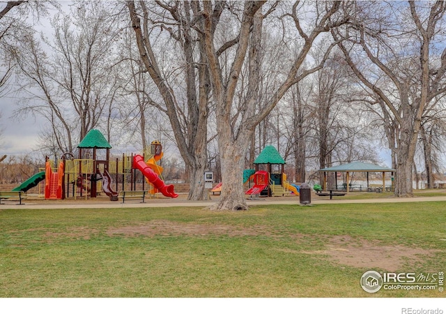 community play area featuring a gazebo and a yard