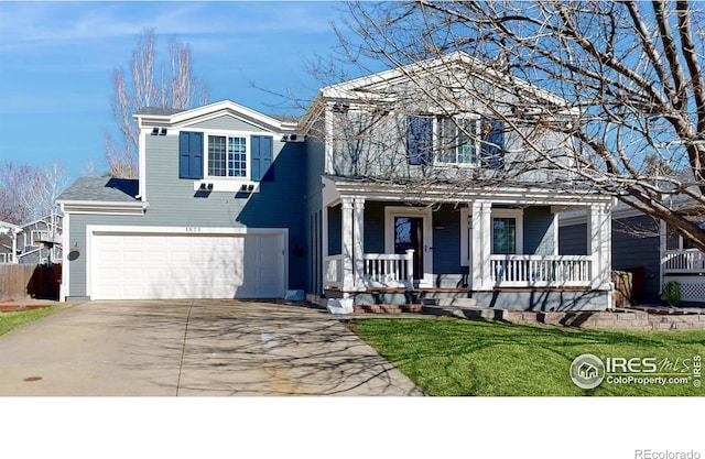 view of front of home featuring a porch, concrete driveway, a front lawn, and an attached garage