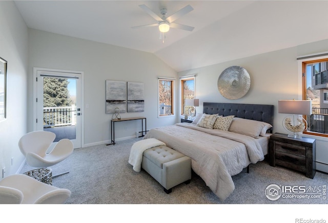 2425 Waneka Lake Trl, Lafayette, CO 80026 - carpeted bedroom with access to exterior, multiple windows, vaulted ceiling, baseboards, and ceiling fan