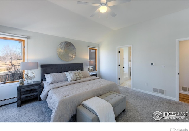 2425 Waneka Lake Trl, Lafayette, CO 80026 - bedroom featuring carpet flooring, lofted ceiling, baseboards, and ceiling fan